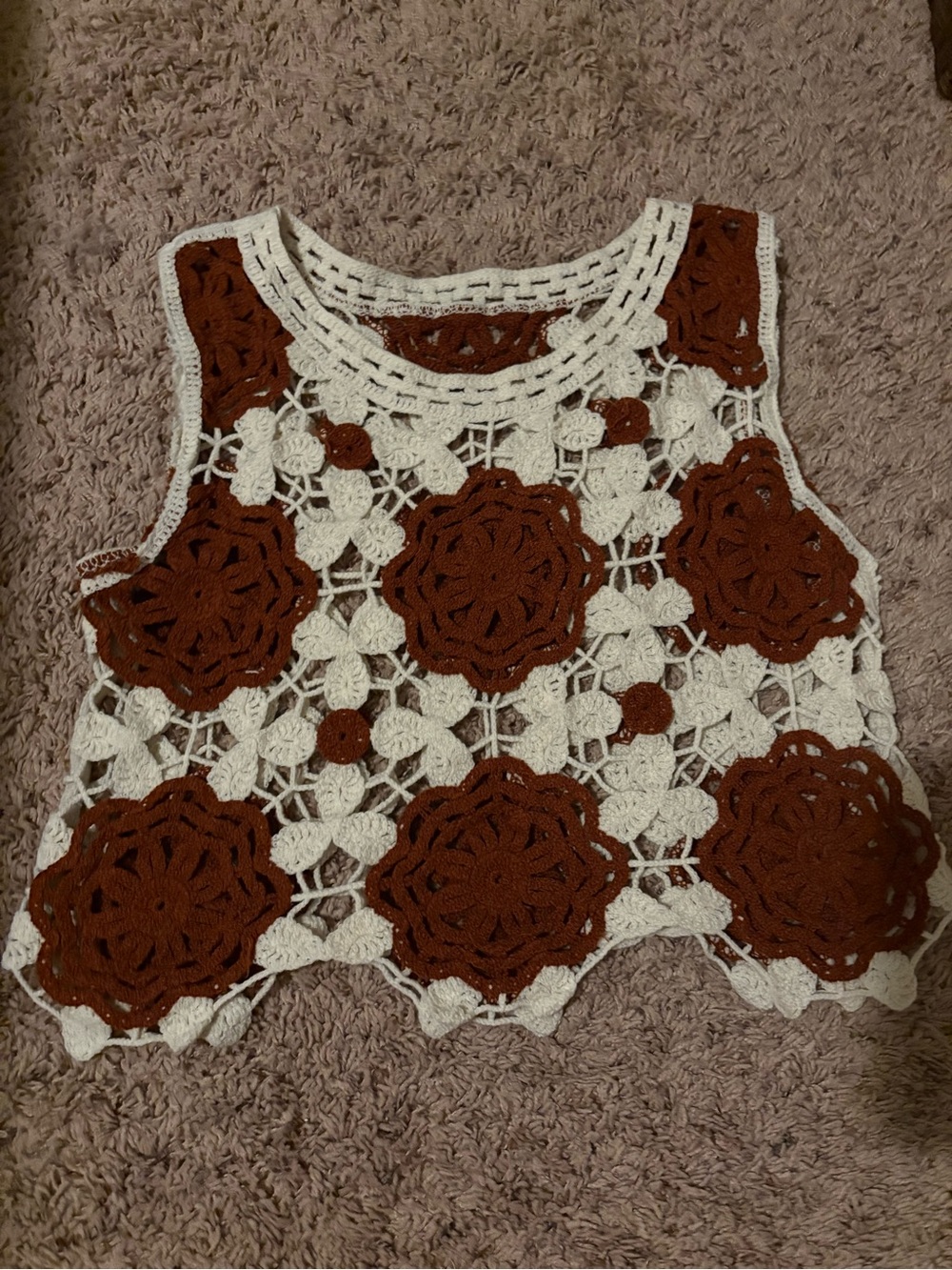 Boho Crochet Floral Tank Top - White and Rust